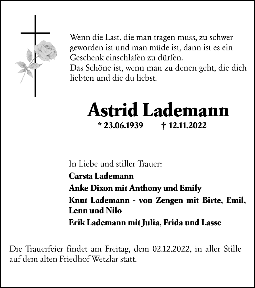  Traueranzeige für Astrid Lademann vom 29.11.2022 aus Wetzlarer Neue Zeitung