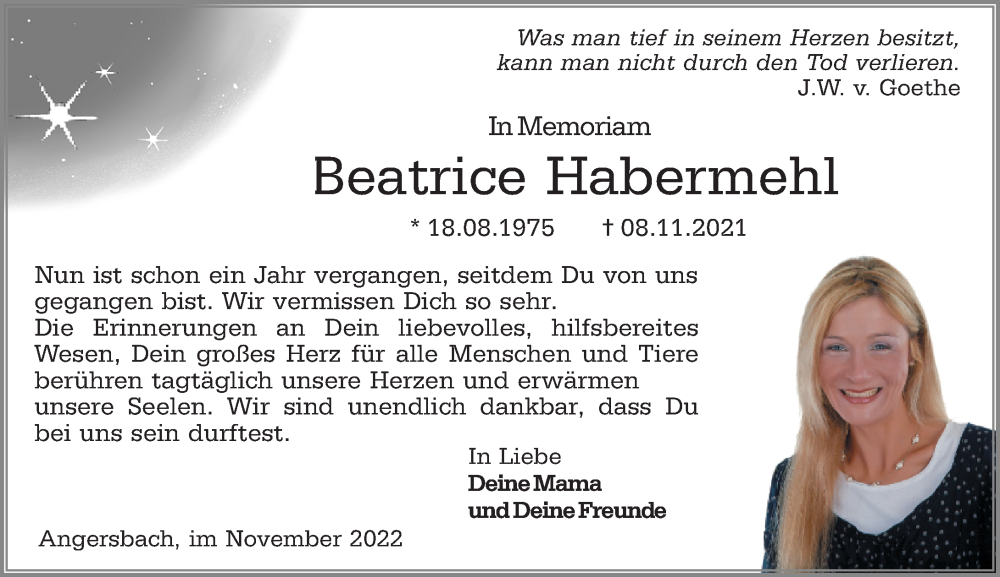  Traueranzeige für Beatrice Habermehl vom 12.11.2022 aus Lauterbacher Anzeiger