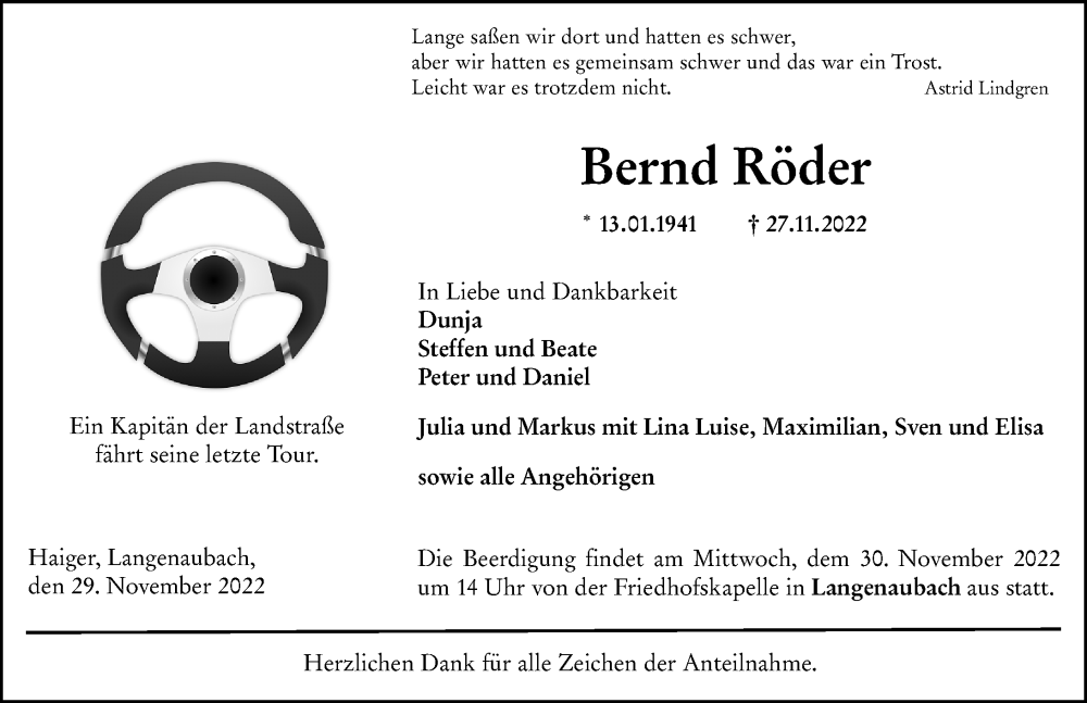  Traueranzeige für Bernd Röder vom 29.11.2022 aus Dill Block