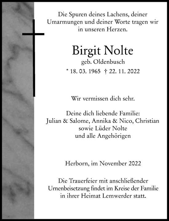 Traueranzeige von Birgit Nolte von Wetzlarer Neue Zeitung