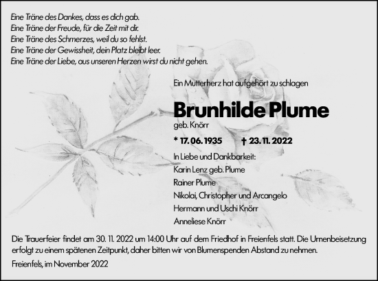 Traueranzeige von Brunhilde Plume von Weilburger Tageblatt