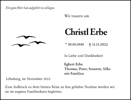 Traueranzeige von Christl Erbe von Weilburger Tageblatt