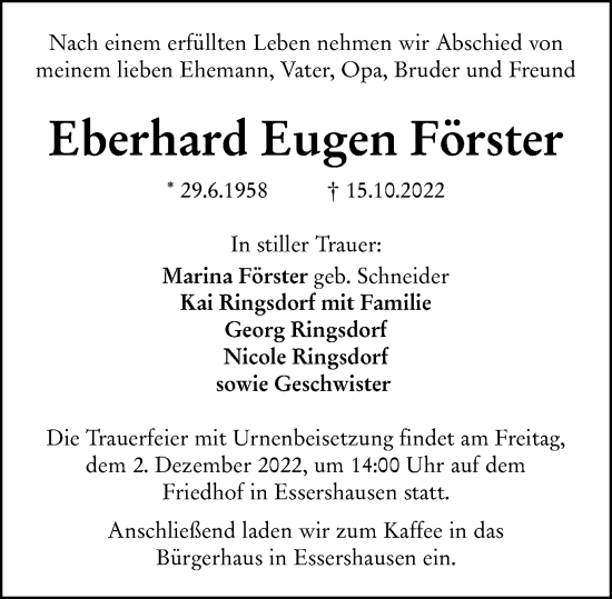 Traueranzeige von Eberhard Eugen Förster von Weilburger Tageblatt
