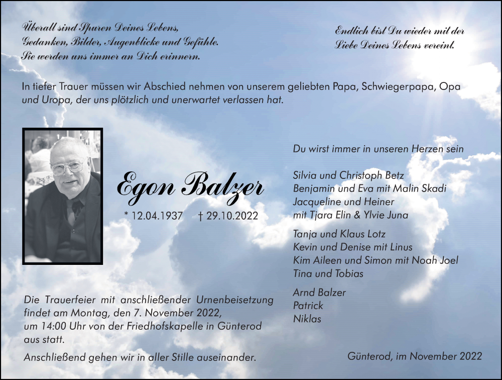  Traueranzeige für Egon Balzer vom 03.11.2022 aus Hinterländer Anzeiger