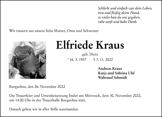 Traueranzeige von Elfriede Kraus von Wetzlarer Neue Zeitung