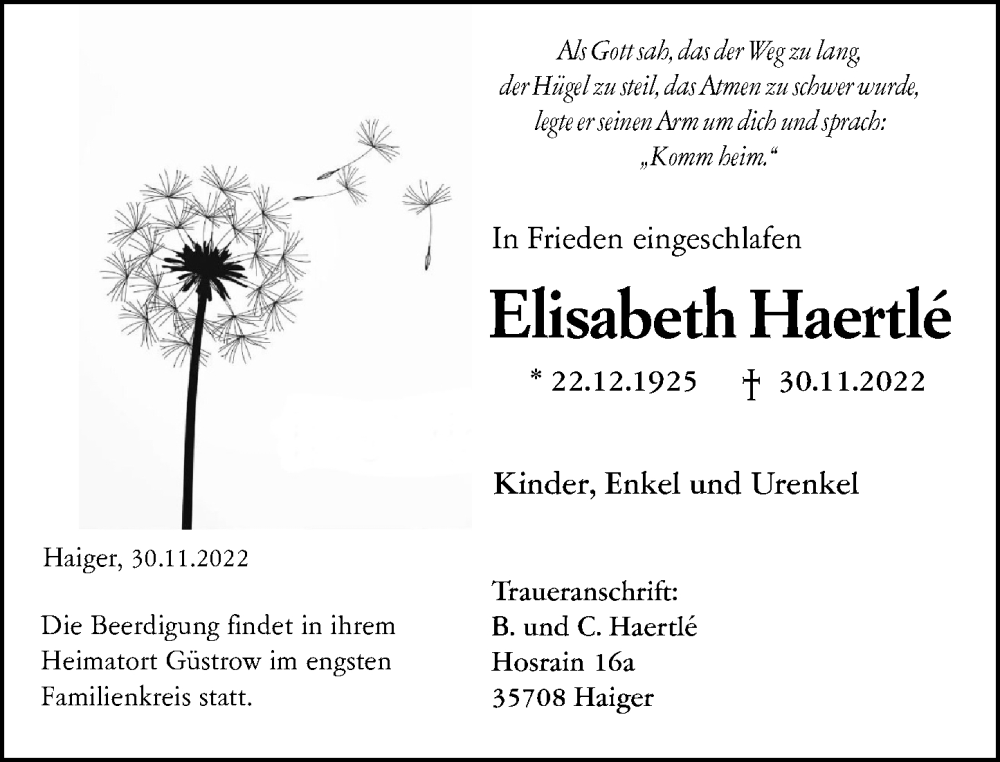  Traueranzeige für Elisabeth Haertlé vom 01.12.2022 aus Dill Block