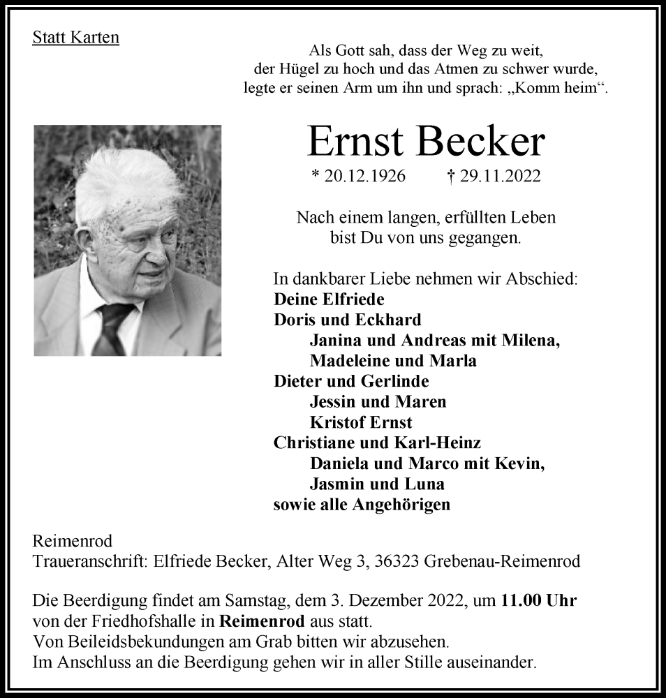  Traueranzeige für Ernst Becker vom 01.12.2022 aus Oberhessische Zeitung