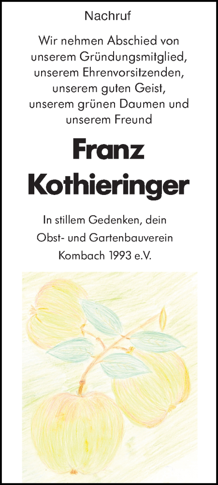  Traueranzeige für Franz Kothieringer vom 29.11.2022 aus Hinterländer Anzeiger