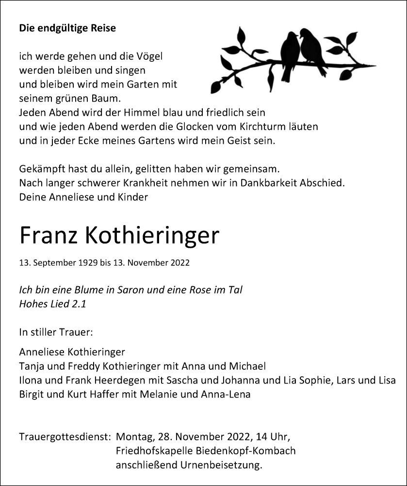  Traueranzeige für Franz Kothieringer vom 25.11.2022 aus Hinterländer Anzeiger