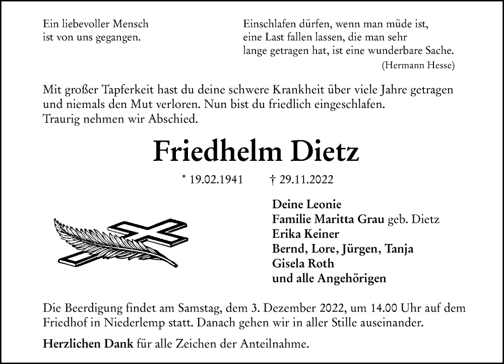  Traueranzeige für Friedhelm Dietz vom 01.12.2022 aus Wetzlarer Neue Zeitung