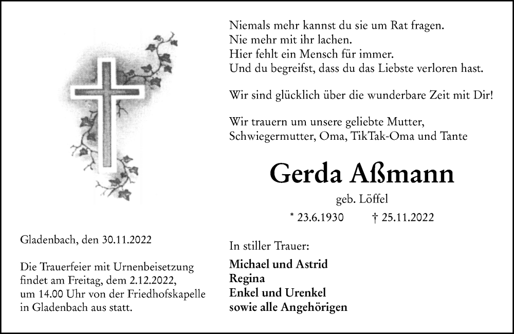  Traueranzeige für Gerda Aßmann vom 30.11.2022 aus Hinterländer Anzeiger