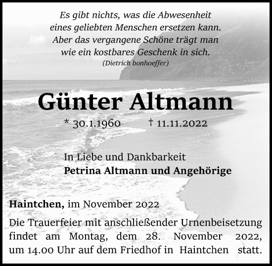 Traueranzeige von Günter Altmann von Camberger Anzeiger