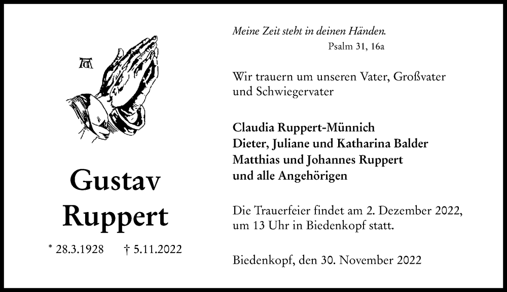  Traueranzeige für Gustav Ruppert vom 30.11.2022 aus Hinterländer Anzeiger