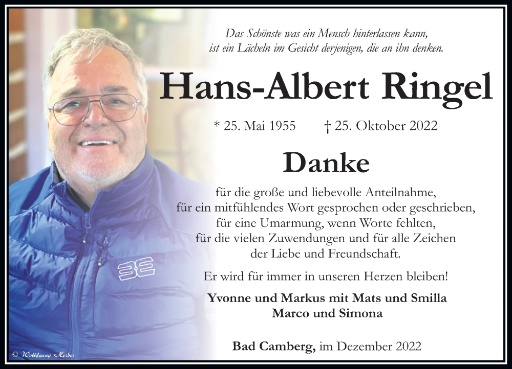  Traueranzeige für Hans-Albert Ringel vom 01.12.2022 aus Camberger Anzeiger