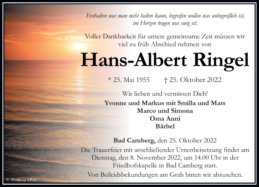  Traueranzeige für Hans-Albert Ringel vom 03.11.2022 aus Camberger Anzeiger