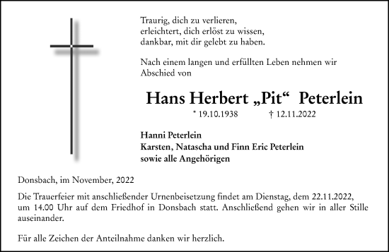 Traueranzeige von Hans Herbert  Peterlein von Dill Block