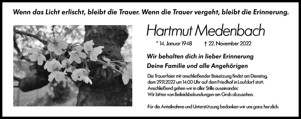  Traueranzeige für Hartmut Medenbach vom 25.11.2022 aus Wetzlarer Neue Zeitung