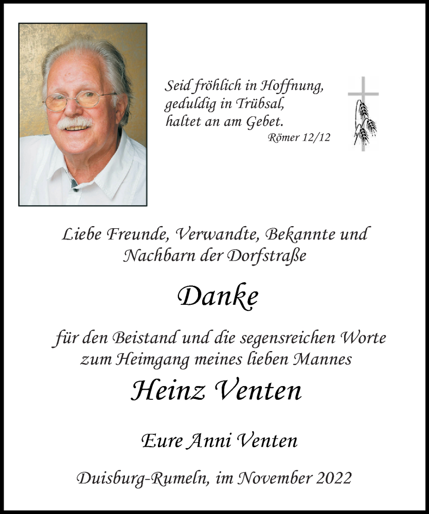  Traueranzeige für Heinz Venten vom 05.11.2022 aus Wetzlarer Neue Zeitung