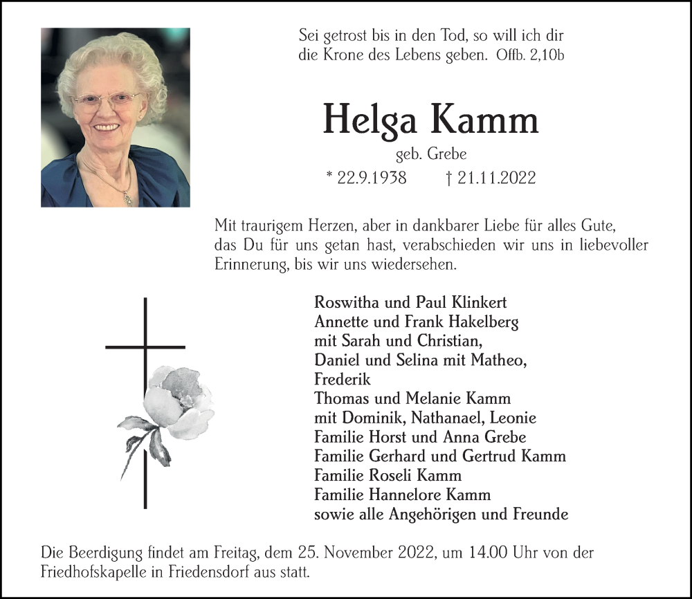  Traueranzeige für Helga Kamm vom 23.11.2022 aus Hinterländer Anzeiger