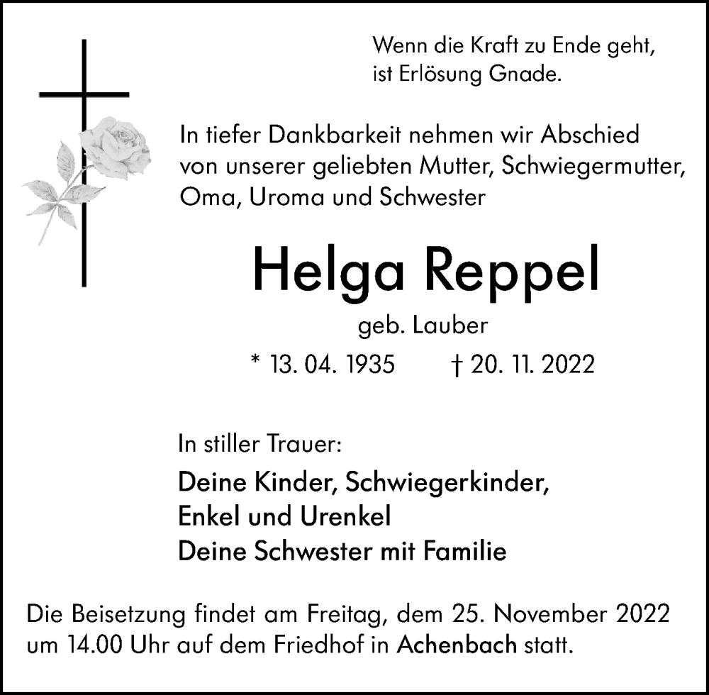  Traueranzeige für Helga Reppel vom 23.11.2022 aus Hinterländer Anzeiger