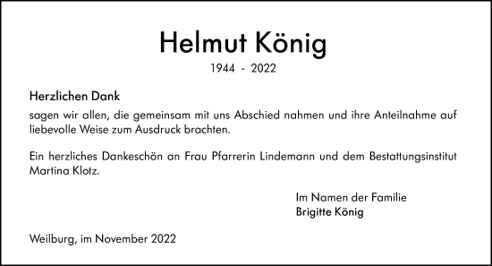 Traueranzeige von Helmut König von Weilburger Tageblatt