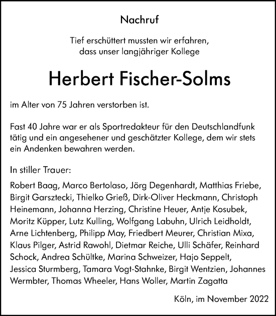 Traueranzeige von Herbert Fischer-Solms von Wetzlarer Neue Zeitung
