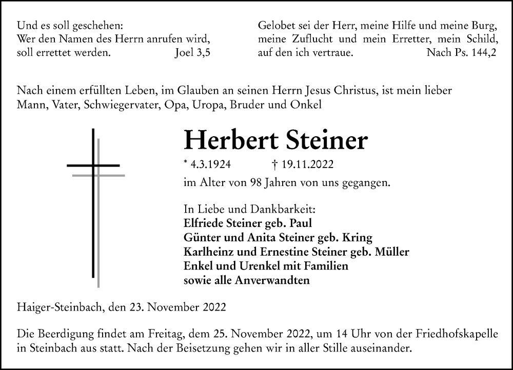  Traueranzeige für Herbert Steiner vom 23.11.2022 aus Dill Block