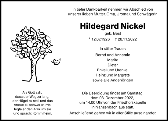 Traueranzeige von Hildegard Nickel von Dill Block