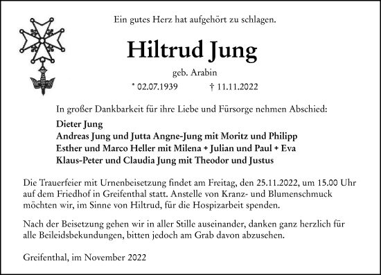 Traueranzeige von Hiltrud Jung von Wetzlarer Neue Zeitung