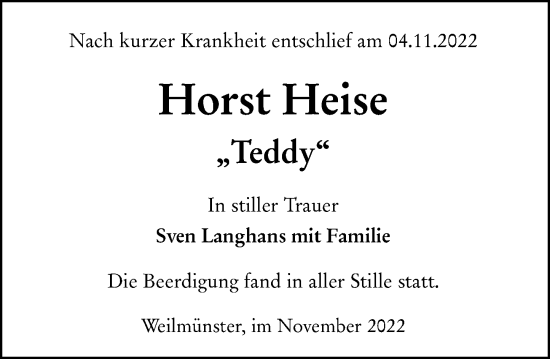 Traueranzeige von Horst Heise von Weilburger Tageblatt
