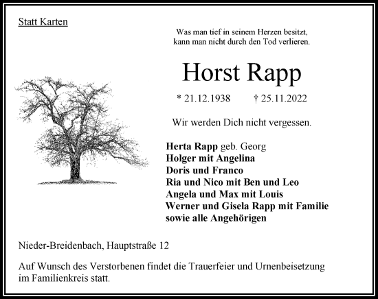 Traueranzeige von Horst Rapp von Oberhessische Zeitung