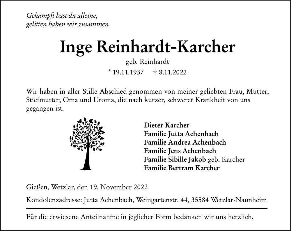  Traueranzeige für Inge Reinhardt-Karcher vom 19.11.2022 aus Wetzlarer Neue Zeitung