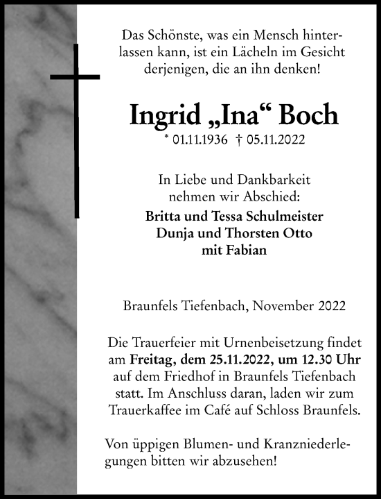 Traueranzeige von Ingrid Boch von Wetzlarer Neue Zeitung