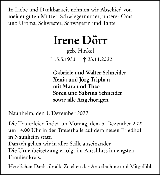 Traueranzeige von Irene Dörr von Wetzlarer Neue Zeitung