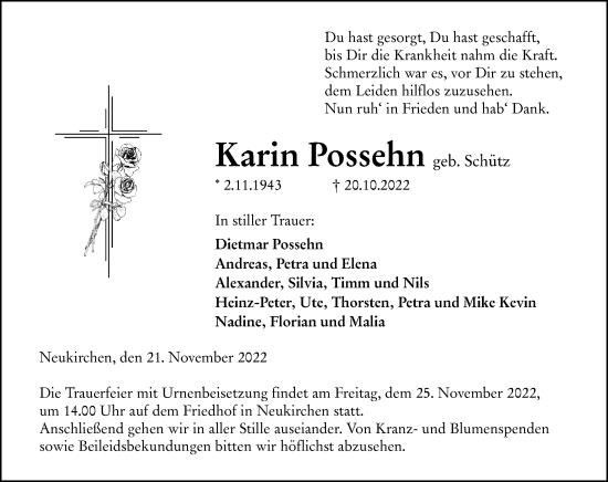 Traueranzeige von Karin Possehn von Wetzlarer Neue Zeitung