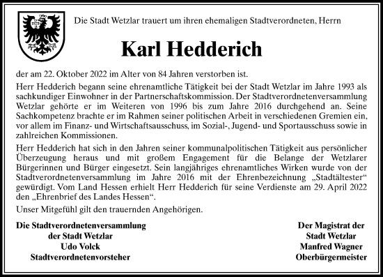 Traueranzeige von Karl Hedderich von Wetzlarer Neue Zeitung
