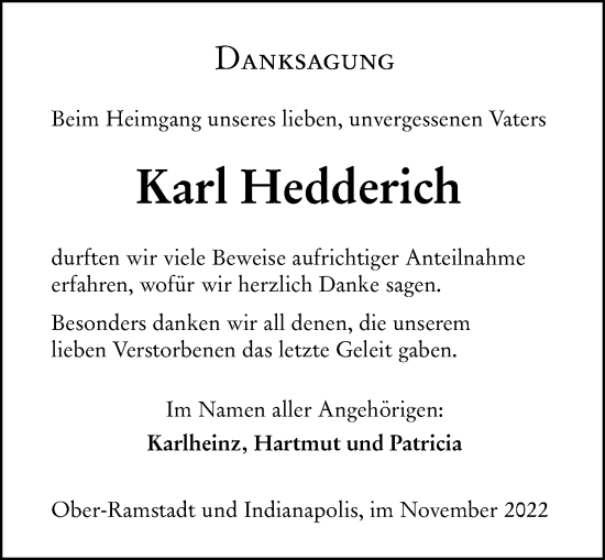 Traueranzeige von Karl Hedderich von Wetzlarer Neue Zeitung