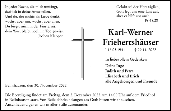 Traueranzeige von Karl-Werner Friebertshäuser von Hinterländer Anzeiger