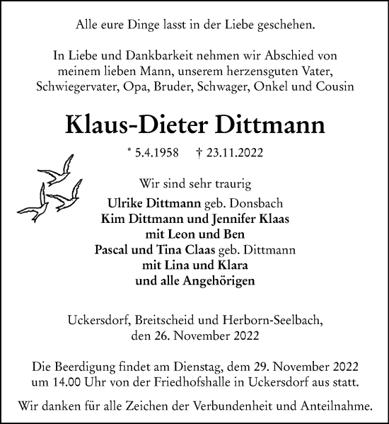 Traueranzeige von Klaus-Dieter Dittmann von Dill Block