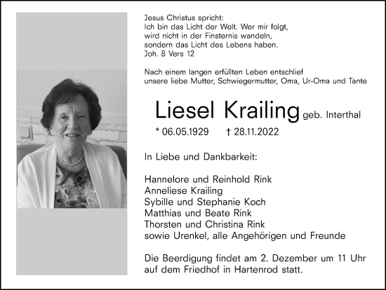 Traueranzeige von Liesel Krailing von Hinterländer Anzeiger