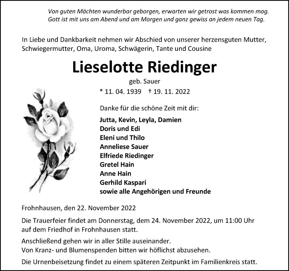  Traueranzeige für Lieselotte Riedinger vom 22.11.2022 aus Dill Block