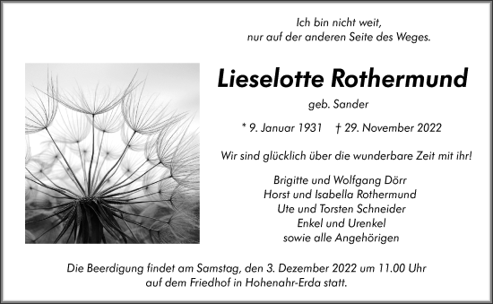 Traueranzeige von Lieselotte Rothermund von Wetzlarer Neue Zeitung