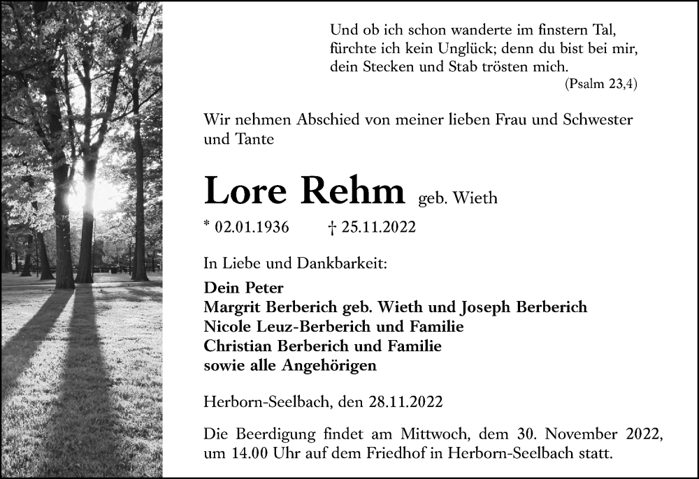  Traueranzeige für Lore Rehm vom 28.11.2022 aus Dill Block