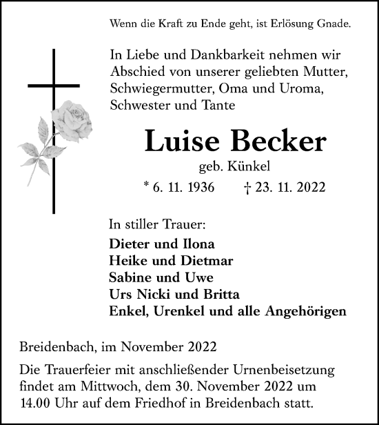 Traueranzeige von Luise Becker von Hinterländer Anzeiger