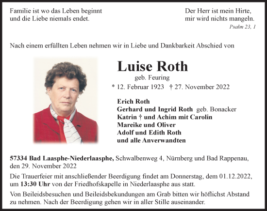 Traueranzeige von Luise Roth von Hinterländer Anzeiger