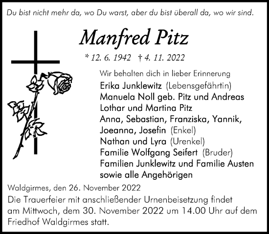 Traueranzeige von Manfred Pitz von Wetzlarer Neue Zeitung