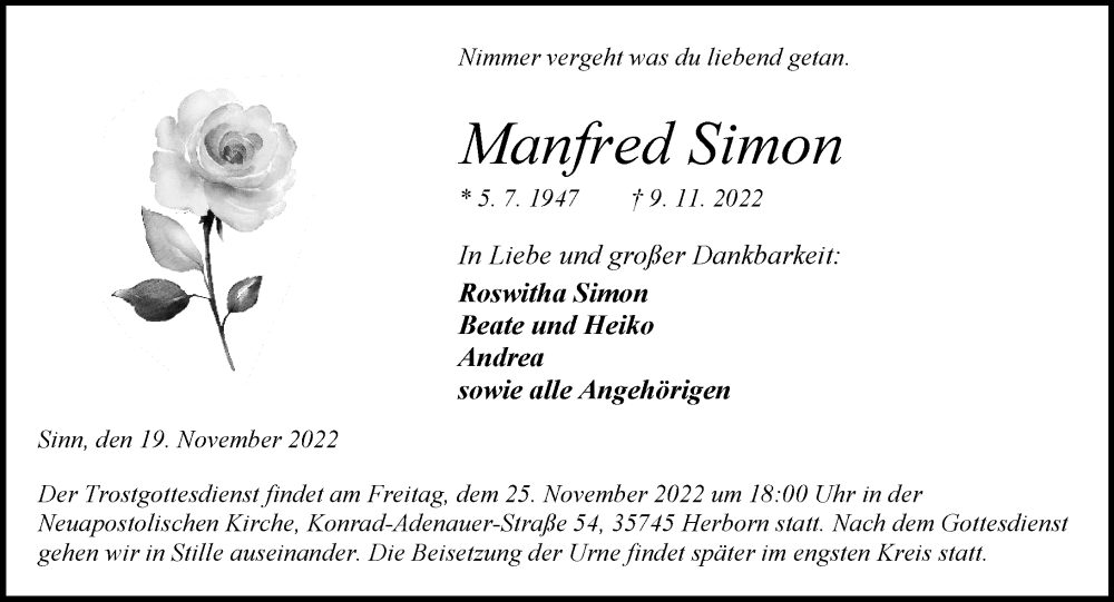  Traueranzeige für Manfred Simon vom 19.11.2022 aus Dill Block