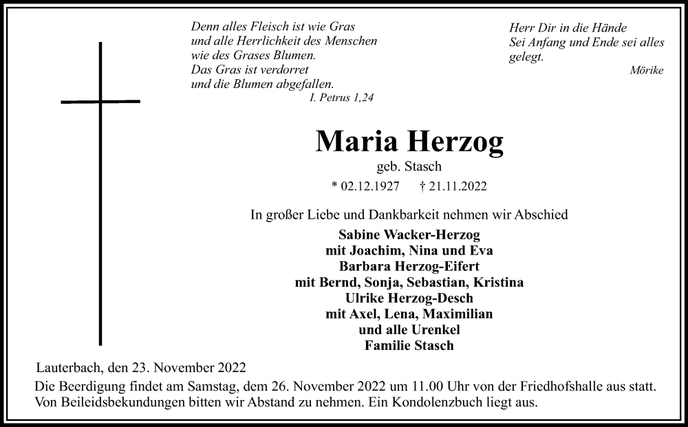  Traueranzeige für Maria Herzog vom 23.11.2022 aus Lauterbacher Anzeiger