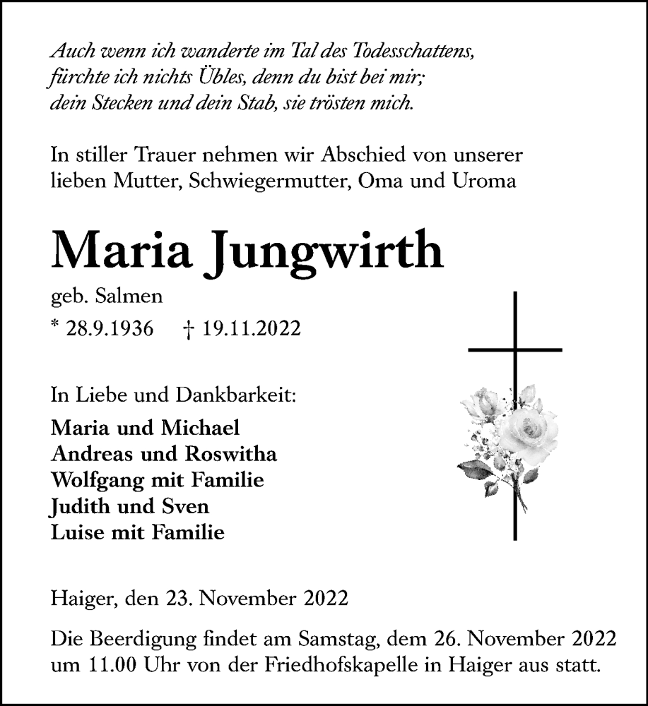  Traueranzeige für Maria Jungwirth vom 23.11.2022 aus Dill Block