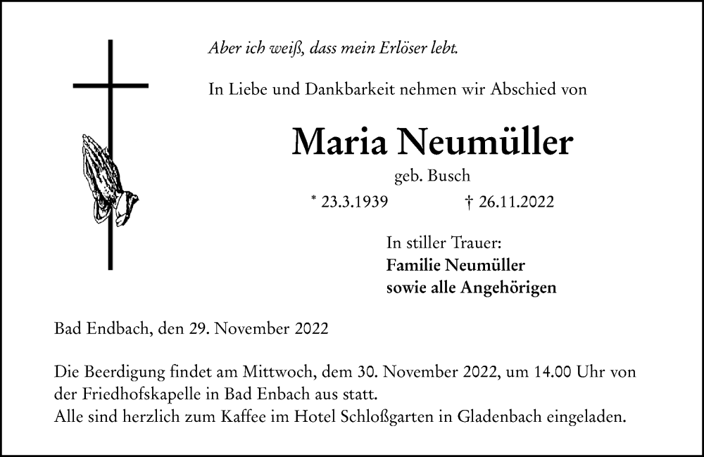  Traueranzeige für Maria Neumüller vom 29.11.2022 aus Hinterländer Anzeiger